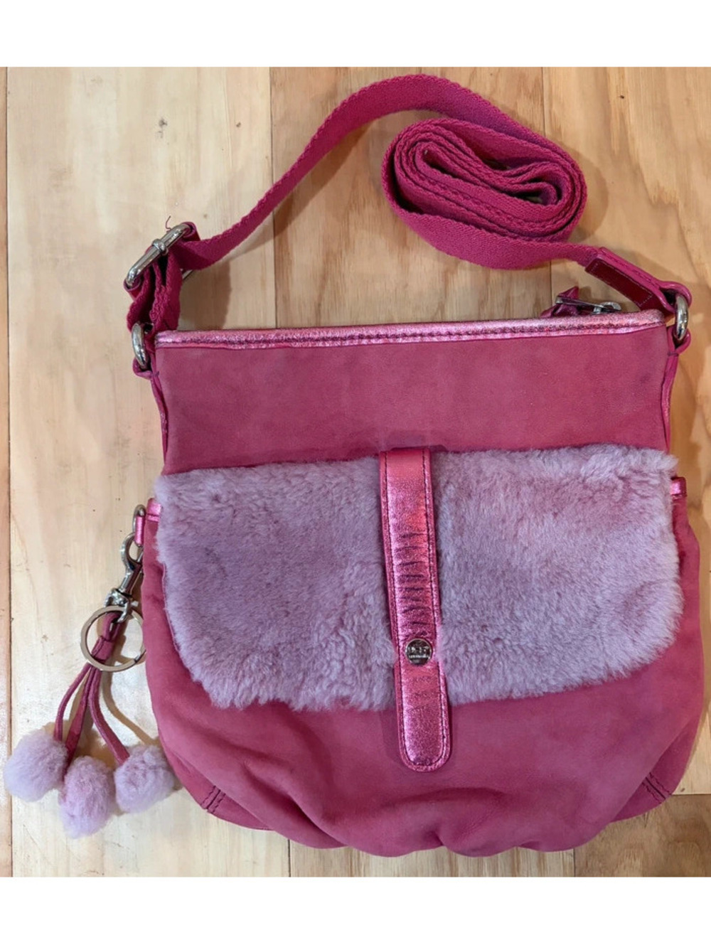 UGG Crossbody Bag in Pink Suede & Shearling Trim